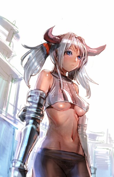 Anime picture 774x1200 with original bow (bhp) single long hair tall image blush breasts blue eyes light erotic large breasts twintails bare shoulders looking away silver hair horn (horns) bare belly underboob groin sketch girl
