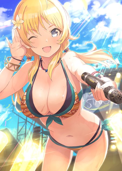 Anime picture 667x936 with idolmaster idolmaster shiny colors hachimiya meguru tetsujin momoko single long hair tall image looking at viewer blush fringe breasts open mouth blue eyes light erotic blonde hair smile large breasts standing twintails holding