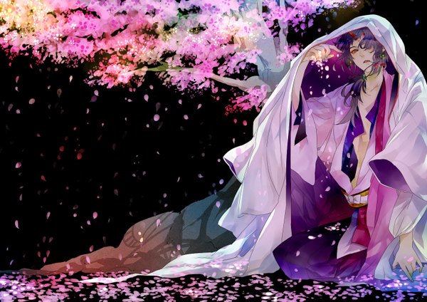 Anime picture 1432x1012 with original sanrindou single long hair fringe purple hair horn (horns) hair over one eye cherry blossoms boy plant (plants) petals tree (trees) hood
