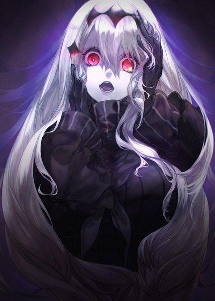 Anime picture 647x906 with kantai collection aircraft carrier water oni fumizuki single long hair tall image looking at viewer fringe open mouth simple background red eyes white hair teeth close-up striped hand on head glow purple background shinkaisei-kan girl