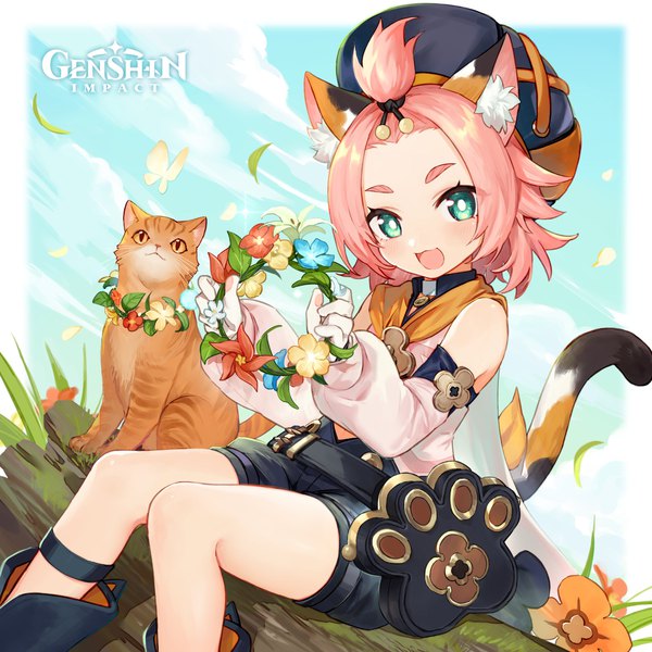 Anime-Bild 2500x2500 mit genshin impact diona (genshin impact) hou (ppo) single looking at viewer highres short hair open mouth sitting holding green eyes animal ears pink hair sky cloud (clouds) tail :d animal tail cat ears official art