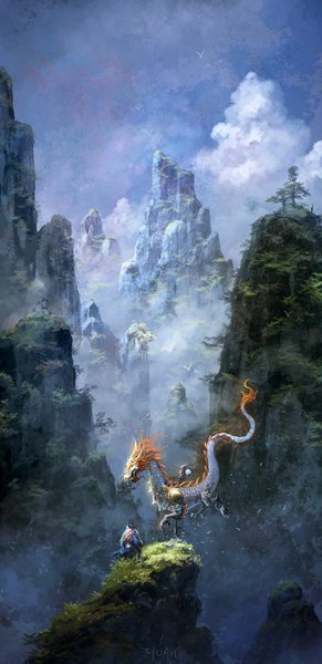 Anime picture 1000x2063 with world of warcraft blizzard entertainment pandaren chaoyuanxu tall image black hair signed cloud (clouds) ponytail traditional clothes horn (horns) mountain landscape rock fog plant (plants) animal tree (trees) bird (birds) dragon