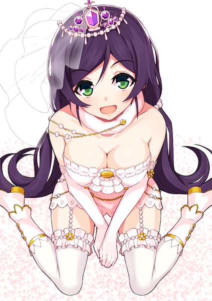 Anime picture 595x842 with love live! school idol project sunrise (studio) love live! toujou nozomi ponkotsu (ayarosu) single long hair tall image looking at viewer blush fringe breasts open mouth light erotic simple background white background sitting twintails bare shoulders green eyes