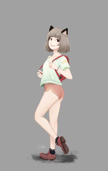 Anime picture 1299x2048 with original hana (jubi) jubi (regiana) single tall image looking at viewer fringe short hair simple background smile brown hair standing brown eyes signed animal ears full body cat ears grey background bare legs standing on one leg