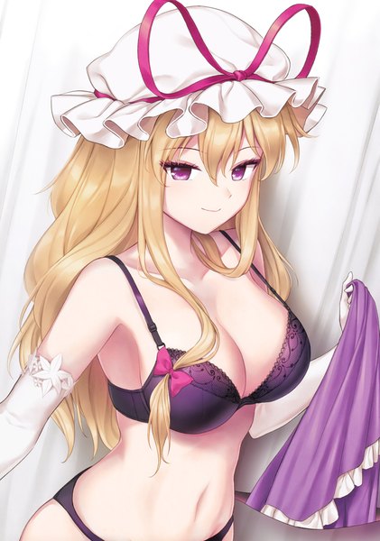 Anime picture 1403x2000 with touhou yakumo yukari minust single long hair tall image looking at viewer fringe breasts light erotic blonde hair smile hair between eyes large breasts standing purple eyes holding payot cleavage underwear only