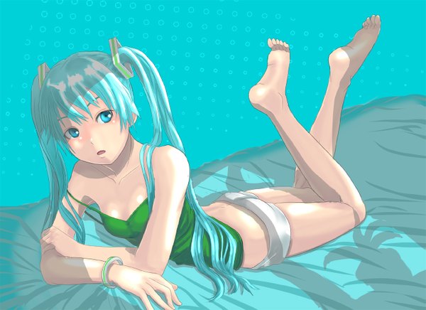 Anime picture 1375x1000 with vocaloid hatsune miku nostra single long hair looking at viewer blush open mouth light erotic twintails bare shoulders barefoot aqua eyes aqua hair crossed arms on stomach legs up girl hair ornament shirt