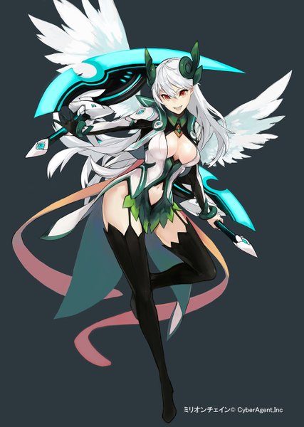 Anime-Bild 1000x1406 mit million chain bobhit single long hair tall image looking at viewer breasts light erotic simple background red eyes holding white hair grey background white wings dual wielding girl gloves navel weapon wings