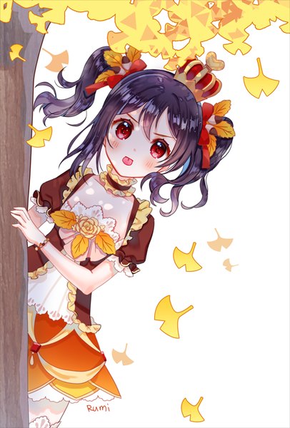 Anime picture 600x885 with love live! school idol project sunrise (studio) love live! yazawa nico rarumi single tall image looking at viewer blush short hair black hair simple background red eyes white background twintails signed short twintails autumn girl hair ornament