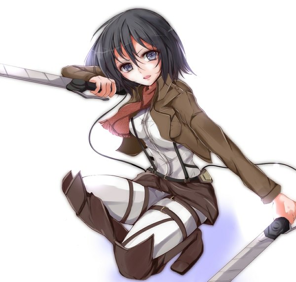 Anime picture 1076x1026 with shingeki no kyojin production i.g mikasa ackerman velia (artist) single looking at viewer blush short hair open mouth black hair simple background white background holding black eyes fighting stance dual wielding girl uniform weapon shirt