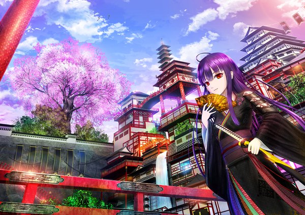 Anime-Bild 1800x1273 mit original crep single long hair looking at viewer highres red eyes sky purple hair cloud (clouds) ahoge traditional clothes japanese clothes light smile cherry blossoms sheathed architecture east asian architecture girl weapon