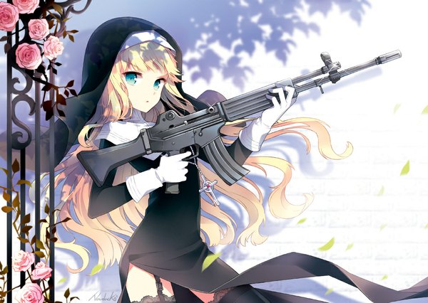 Anime picture 1000x711 with original nardack single long hair blue eyes blonde hair nun girl thighhighs gloves flower (flowers) weapon black thighhighs rose (roses) gun leaf (leaves) cross assault rifle pink rose