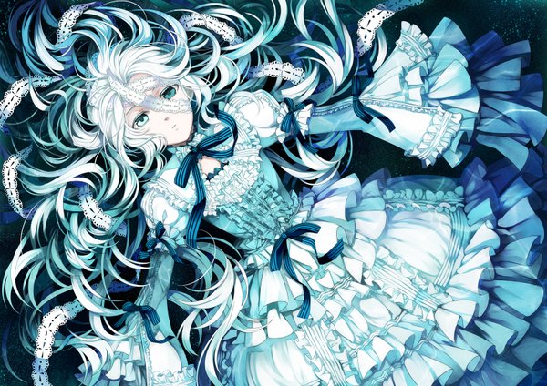 Anime picture 1600x1132 with osamu (jagabata) long hair green eyes white hair girl dress ribbon (ribbons)