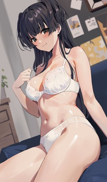 Anime picture 2480x4217 with idolmaster idolmaster shiny colors mayuzumi fuyuko gin00 single long hair tall image looking at viewer blush fringe highres breasts light erotic black hair large breasts sitting brown eyes indoors blunt bangs arm up