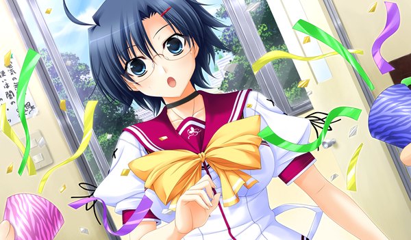 Anime picture 1024x600 with sora to kumo to kimi no koi short hair open mouth blue eyes black hair wide image game cg ahoge girl uniform school uniform glasses confetti