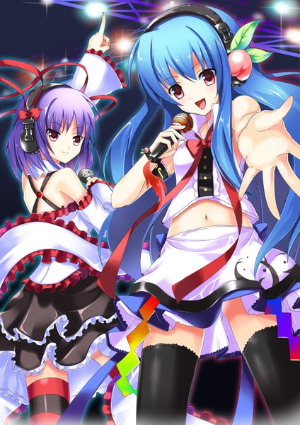 Anime picture 2480x3507 with touhou hinanawi tenshi nagae iku koi (koisan) long hair tall image looking at viewer highres short hair open mouth red eyes bare shoulders multiple girls blue hair purple hair looking back midriff singing girl thighhighs