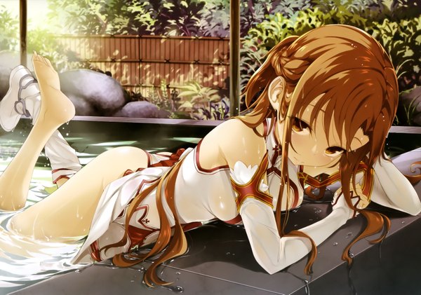 Anime picture 3803x2673 with sword art online a-1 pictures yuuki asuna buriki single long hair looking at viewer highres light erotic brown hair wide image brown eyes absurdres scan official art legs wet clothes girl detached sleeves onsen