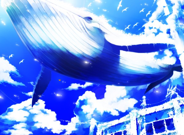Anime picture 1500x1100 with original akezu short hair sky cloud (clouds) wind scenic silhouette girl animal bird (birds) whale