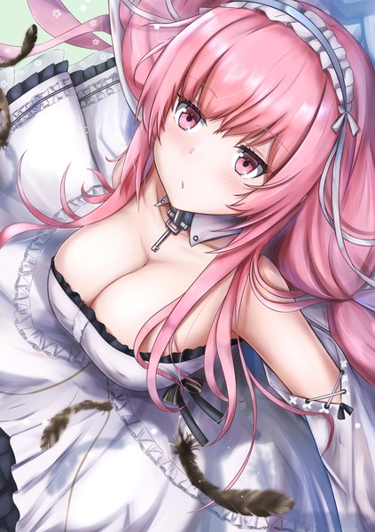 Anime picture 1062x1505 with azur lane perseus (azur lane) amano kusatsu single long hair tall image blush fringe breasts light erotic large breasts payot looking away pink hair cleavage blunt bangs pink eyes from above frilled dress girl