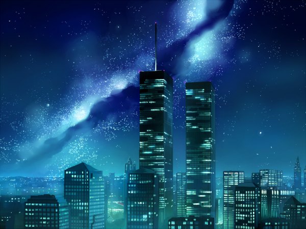 Anime picture 1280x960 with original seo tatsuya sky night night sky cityscape landscape milky way building (buildings) star (stars) new york world trade center (twin towers)