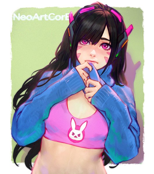 Anime picture 800x905 with overwatch blizzard entertainment d.va (overwatch) nudtawut thongmai single long hair tall image looking at viewer fringe black hair simple background signed upper body pink eyes arm up lips realistic bare belly shadow lipstick