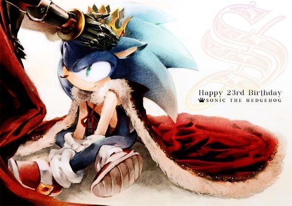 Anime picture 1000x707 with sonic (series) sonic the hedgehog iimirai sitting green eyes happy birthday knight gloves animal shoes white gloves armor cape crown hedgehog
