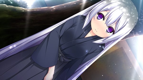 Anime picture 1280x720 with harvest overray giga yatsurugi komachi single blush wide image purple eyes game cg white hair traditional clothes japanese clothes girl plant (plants) tree (trees)