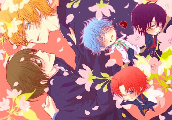 Anime picture 1000x700 with gintama sunrise (studio) sakata gintoki kagura (gintama) okita sougo takasugi shinsuke shimura shinpachi haru (pixiv id 1591907) looking at viewer short hair open mouth blue eyes smile brown hair brown eyes green eyes blue hair purple hair red hair braid (braids)