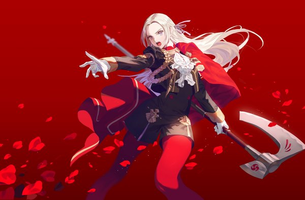 Anime picture 2284x1500 with fire emblem fire emblem: three houses nintendo edelgard von hresvelg fajyobore single long hair blush fringe highres open mouth simple background standing purple eyes holding payot looking away white hair long sleeves floating hair
