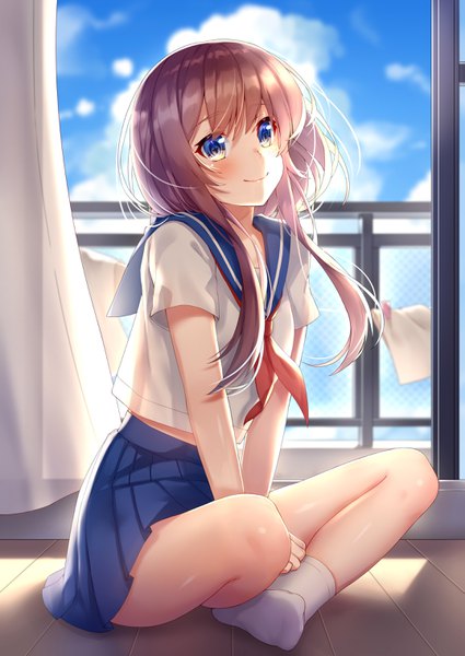 Anime picture 2150x3035 with original sll single long hair tall image looking at viewer blush fringe highres blue eyes smile hair between eyes brown hair sitting sky cloud (clouds) indoors pleated skirt blurry depth of field