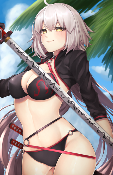 Anime picture 1170x1800 with fate (series) fate/grand order jeanne d'arc (fate) (all) jeanne d'arc alter (fate) jeanne d'arc alter (swimsuit berserker) (fate) yayoi maka single tall image looking at viewer blush fringe breasts light erotic hair between eyes standing holding yellow eyes sky cleavage silver hair