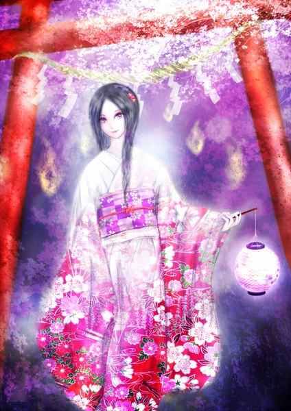 Anime picture 1240x1754 with original kota (pixiv) single long hair tall image looking at viewer black hair traditional clothes japanese clothes light smile cherry blossoms floral print eyeshadow silver eyes checkered girl hair ornament plant (plants) tree (trees) hairclip