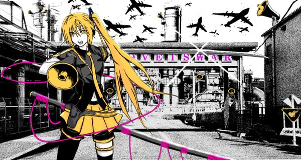 Anime picture 3000x1600 with vocaloid koi wa sensou (vocaloid) akita neru long hair highres open mouth blonde hair wide image yellow eyes ponytail girl skirt weapon miniskirt aircraft airplane traffic sign megaphone