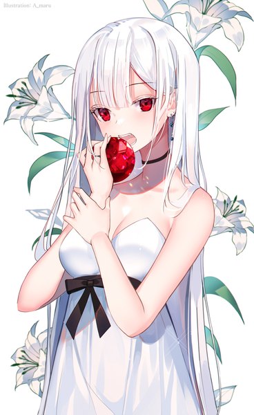 Anime picture 1000x1628 with original unity (ekvmsp02) single long hair tall image looking at viewer blush fringe breasts open mouth simple background red eyes standing white background bare shoulders holding signed cleavage white hair arm up