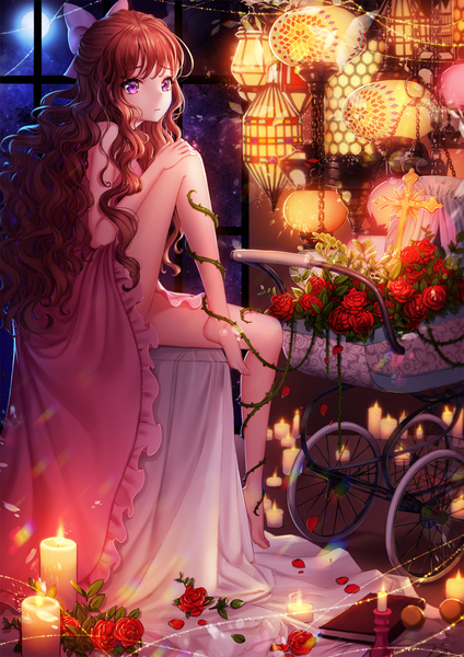 Anime picture 1200x1697 with original ango single long hair tall image looking at viewer fringe brown hair sitting purple eyes bare shoulders full body bent knee (knees) indoors barefoot night half updo hand on knee curly hair girl