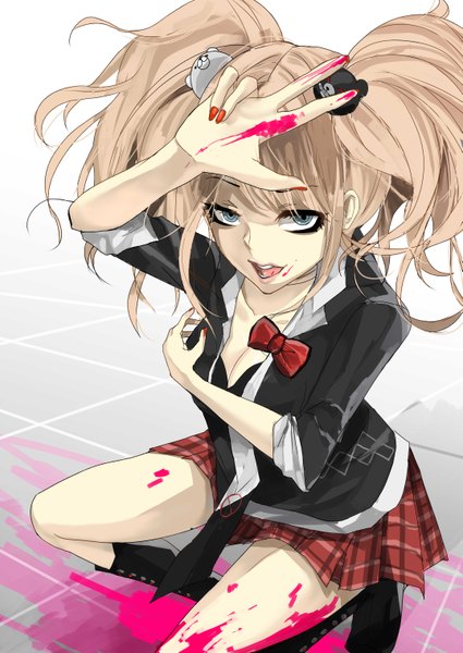 Anime picture 4299x6071 with dangan ronpa enoshima junko tsukun112 single long hair tall image looking at viewer fringe highres open mouth twintails absurdres cleavage bent knee (knees) nail polish pleated skirt fingernails grey eyes plaid skirt plaid