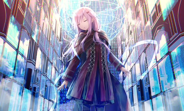 Anime picture 1506x915 with guilty crown production i.g yuzuriha inori haribote (tarao) single long hair fringe wide image standing twintails payot pink hair eyes closed long sleeves head tilt low twintails girl cape