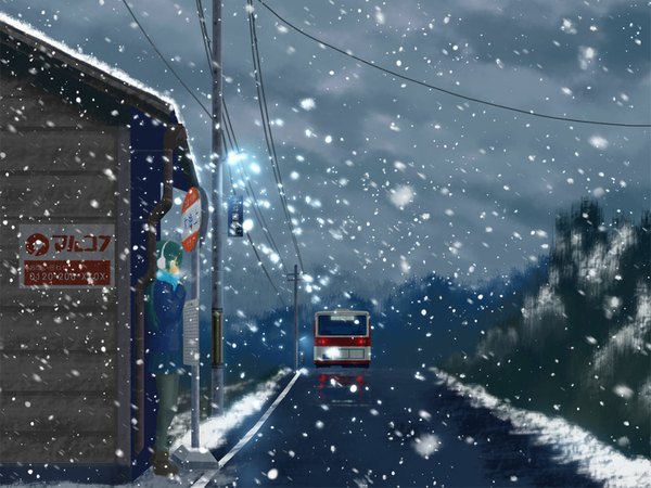 Anime picture 1024x768 with vocaloid hatsune miku single aqua hair snowing reflection winter snow girl tree (trees) boots scarf ground vehicle forest power lines traffic sign bus stop bus