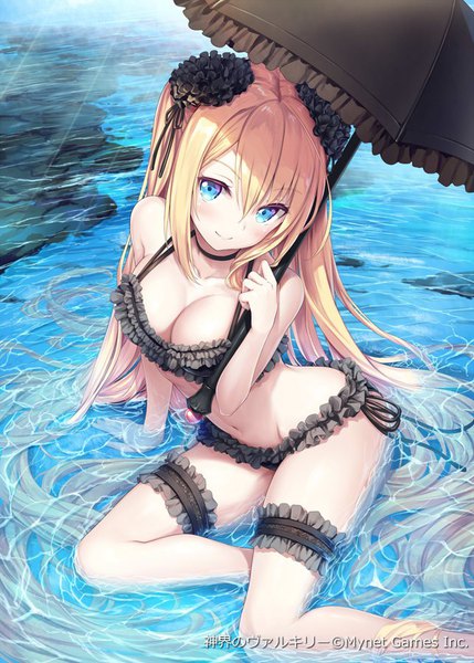 Anime picture 643x900 with shinkai no valkyrie enosea akkijin single tall image blush fringe breasts blue eyes light erotic blonde hair smile hair between eyes sitting bare shoulders holding payot cleavage bent knee (knees) very long hair