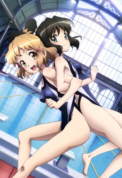 Anime picture 4075x5940 with senki zesshou symphogear nyantype satelight tachibana hibiki kohinata miku tall image blush highres short hair open mouth light erotic black hair blonde hair multiple girls brown eyes absurdres official art girl 2 girls swimsuit