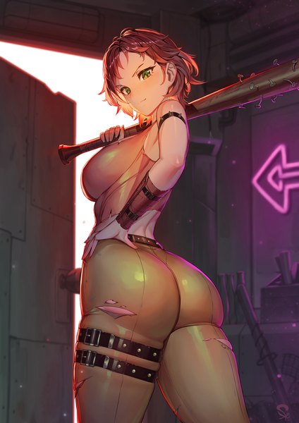 Anime picture 3035x4299 with fallout suerte single tall image looking at viewer fringe highres short hair breasts light erotic brown hair large breasts standing holding green eyes signed absurdres ass indoors looking back