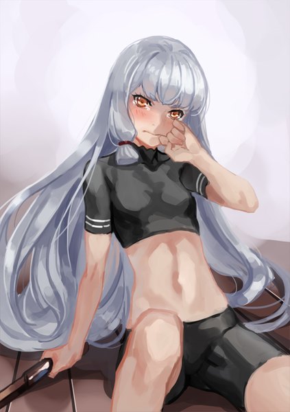 Anime picture 565x800 with kantai collection murakumo destroyer deras single long hair tall image looking at viewer blush fringe light erotic sitting silver hair bent knee (knees) blunt bangs bare belly orange eyes tears hand on face tress ribbon girl