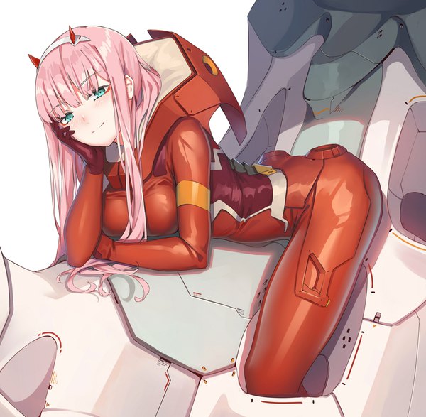 Anime picture 1000x979 with darling in the franxx studio trigger zero two (darling in the franxx) fangxiang cuoluan single long hair looking at viewer blush fringe breasts light erotic simple background smile white background pink hair blunt bangs horn (horns) aqua eyes arm support hand on cheek