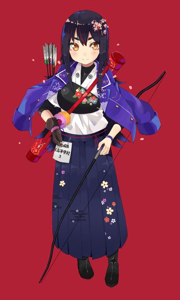 Anime picture 1200x2000 with original gomashi (goma) single long hair tall image looking at viewer blush black hair simple background smile standing full body traditional clothes japanese clothes pleated skirt multicolored hair orange eyes red background revision clothes on shoulders