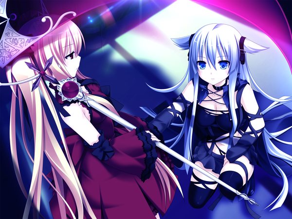Anime picture 1600x1200 with bloody rondo (game) luna freed queen lynette vance makita maki long hair blue eyes blonde hair red eyes twintails multiple girls game cg silver hair girl dress 2 girls detached sleeves scythe