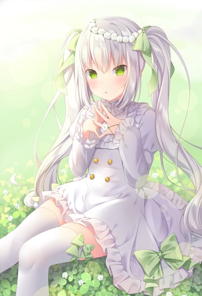 Anime picture 1200x1755 with original nachi single long hair tall image looking at viewer blush sitting twintails green eyes silver hair :o puffy sleeves gradient background frilled dress knees touching fingers together girl thighhighs dress