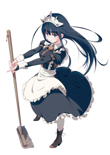 Anime picture 710x1000 with iya na kao sare nagara opantsu misete moraitai original tagme (character) 40hara single long hair tall image blush fringe blue eyes black hair simple background standing white background holding parted lips from above maid lacing girl