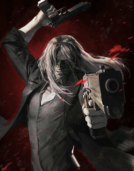 Anime picture 800x1020 with gangsta. worick arcangelo e09etm single long hair tall image open mouth red eyes grey hair realistic open jacket outstretched arm red background boy weapon shirt jacket gun eyepatch buttons