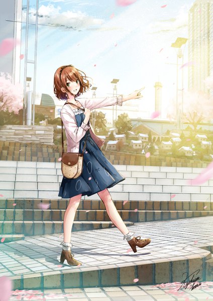 Anime picture 1080x1527 with original kazuharu kina single tall image looking at viewer blush fringe short hair smile brown hair green eyes signed sky cloud (clouds) full body outdoors wind shadow high heels grin