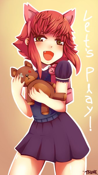 Anime picture 567x1004 with league of legends annie (league of legends) tibbers (league of legends) ashure-sune single tall image looking at viewer blush fringe short hair open mouth simple background green eyes signed animal ears payot pink hair red hair cat ears fang (fangs)