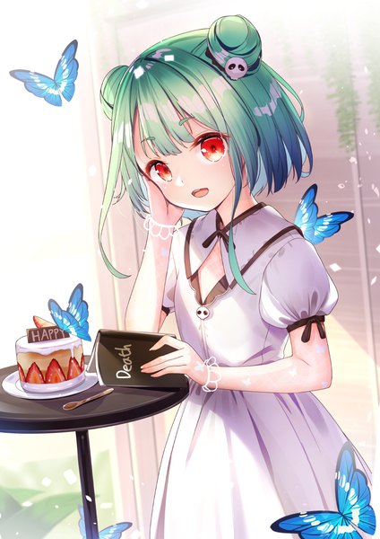 Anime picture 868x1228 with virtual youtuber hololive uruha rushia yan (nicknikg) single tall image short hair open mouth red eyes :d green hair hair bun (hair buns) puffy sleeves girl dress hair ornament food white dress sweets insect